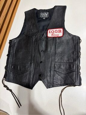Men's Black Leather Vest with IOOB Patch